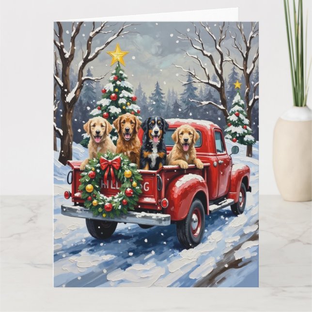 Bernedoodle Christmas Red Truck Holiday Kort (Framsida)