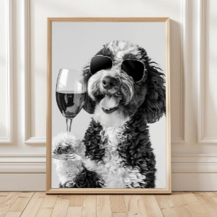 Bernedoodle Dricker Vin Väggkonst, Svart och Vitt Poster