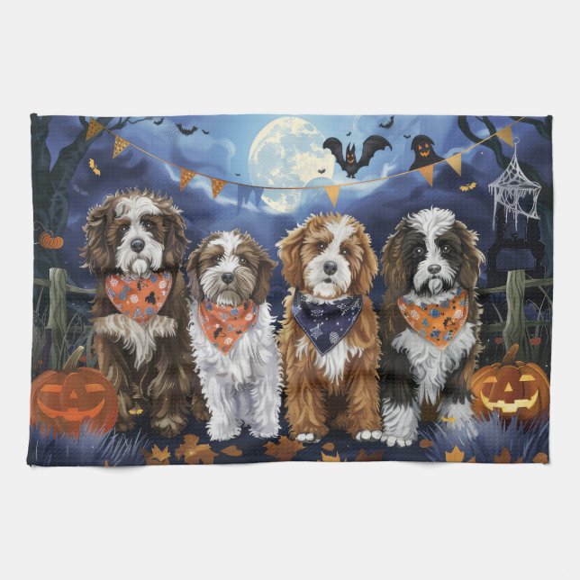 Bernedoodle Halloween Spooky Kökshandduk (Horisontell)