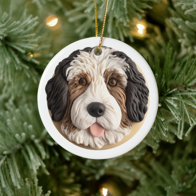 Bernedoodle Hund 3D Inspirerad Julgransprydnad Keramik (Träd)