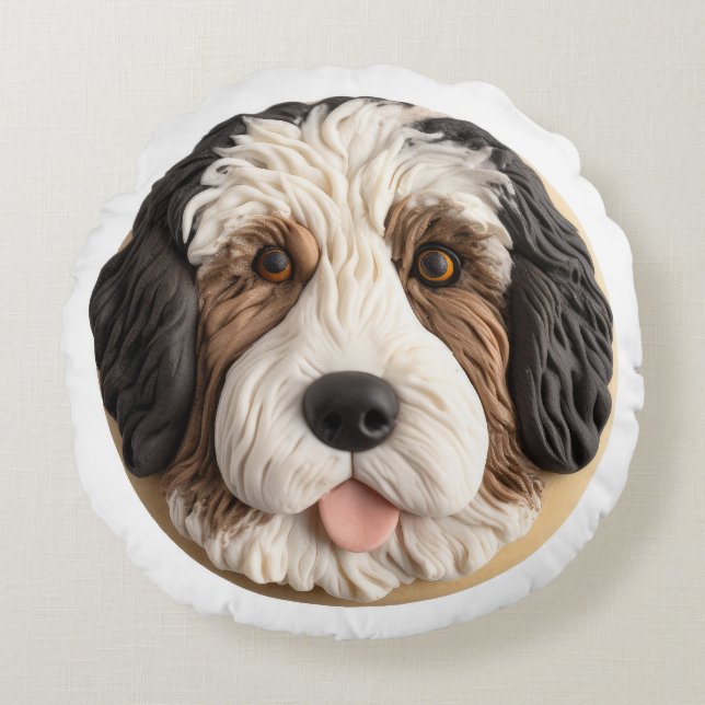 Bernedoodle Hund 3D Inspirerad Rund Kudde (Framsidan)
