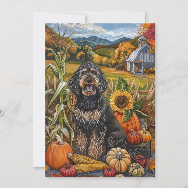 Bernedoodle Hund Autumn Harvest Thanksgiving Julkort (Framsida)