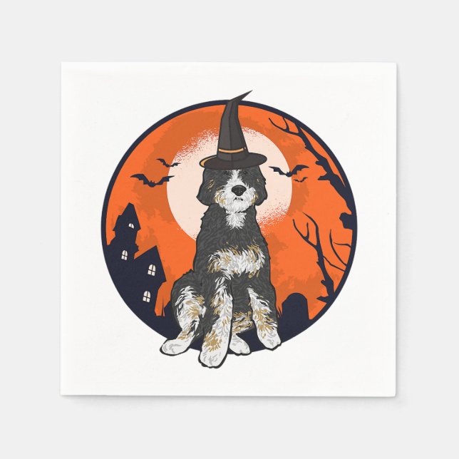 Bernedoodle Hund Halloween T-Shirt Pappersservett (Framsidan)