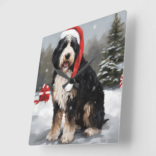 Bernedoodle Hund i julen Snö Fyrkantig Klocka