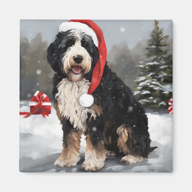 Bernedoodle Hund i julen Snö Magnet (Framsidan)