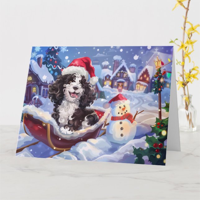 Bernedoodle hund i släd snö jul kort (Gul blomma)