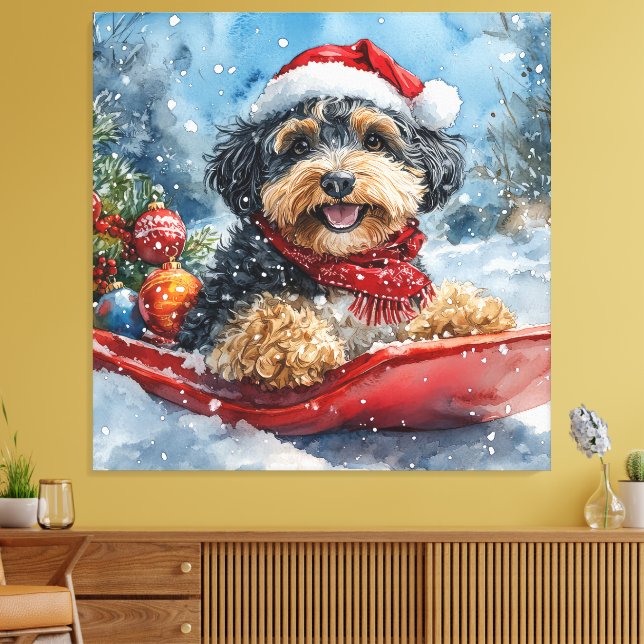Bernedoodle Hund i Släde Låt det Snöa Jul Canvastryck (Insitu (Vardagsrum))