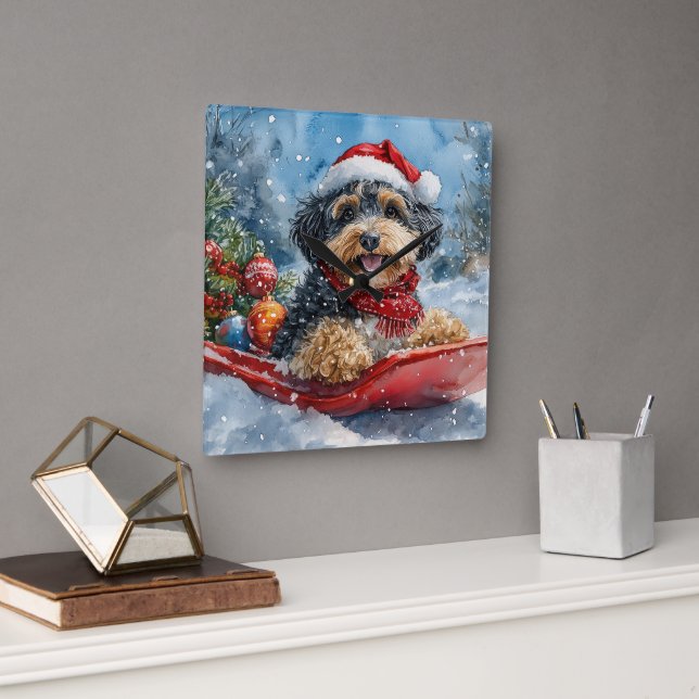 Bernedoodle Hund i Släde Låt det Snöa Jul Fyrkantig Klocka (Kontor)