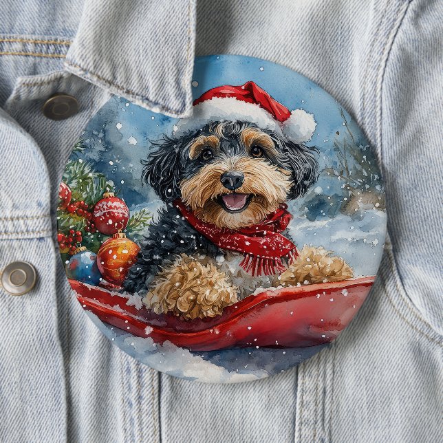 Bernedoodle hund i släde Låt det snöa jul Knapp (In Situ)