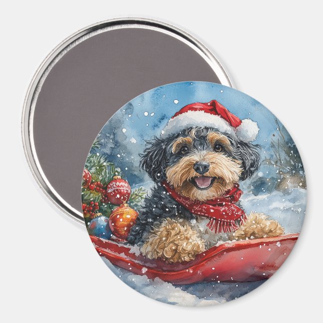 Bernedoodle Hund i Släde Låt det Snöa Jul Magnet (Front/Back)