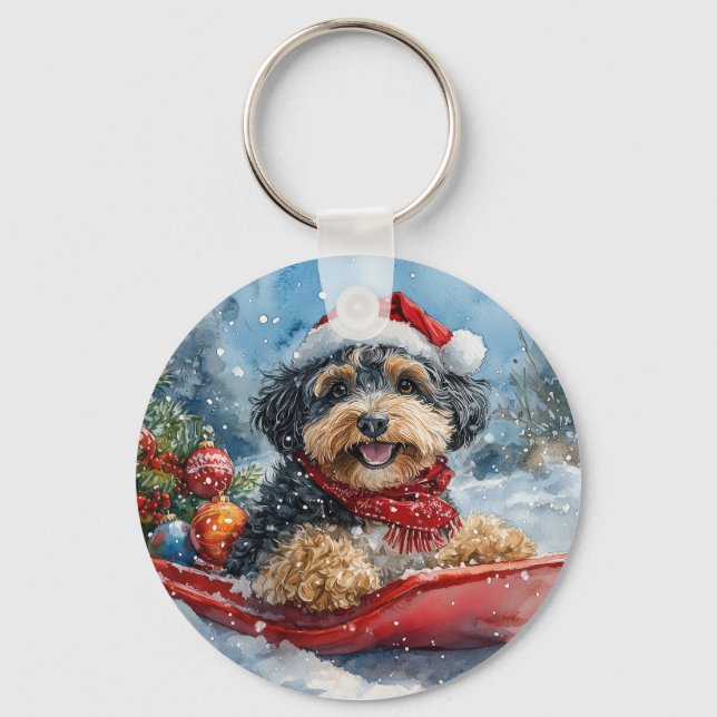 Bernedoodle Hund i Släde Låt det Snöa Jul Nyckelring (Framsida)