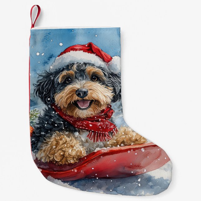 Bernedoodle Hund i Sledge Låt det snöa jul Liten Julstrumpa (Framsidan)