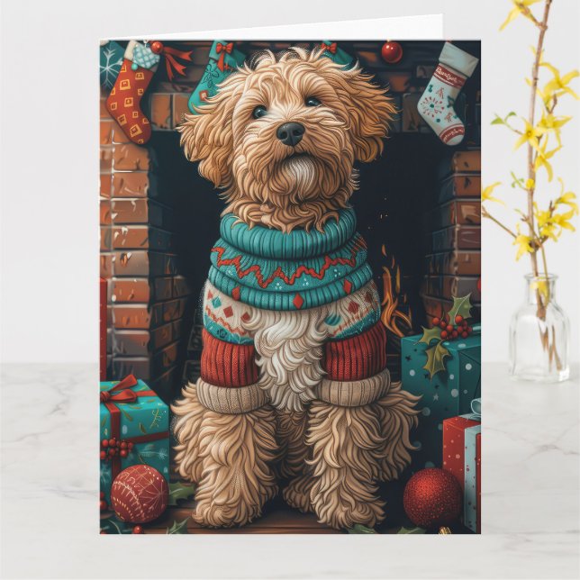 Bernedoodle Hund med Julpresenter Öppen Spis Kort (Gul blomma)