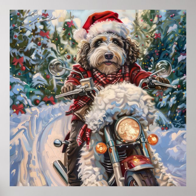 Bernedoodle Hund Riding Motorcykel jul Poster (Framsidan)