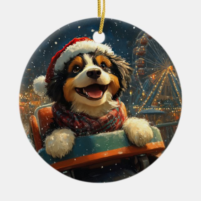 Bernedoodle Hund Rulltrappa Jul  Julgransprydnad Keramik (Framsidan)