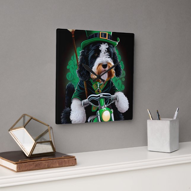 Bernedoodle-Hund som kör cykel St. Patrick's Day Fyrkantig Klocka (Kontor)