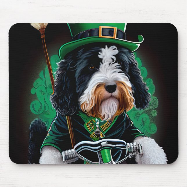 Bernedoodle-Hund som kör cykel St. Patrick's Day Musmatta (Framsidan)