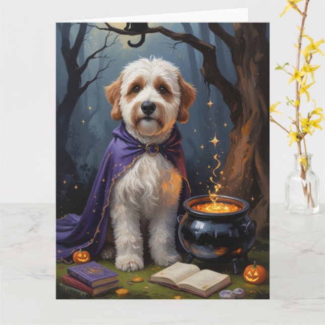Bernedoodle Hund Whimsical Halloween-målning Kort (Gul blomma)