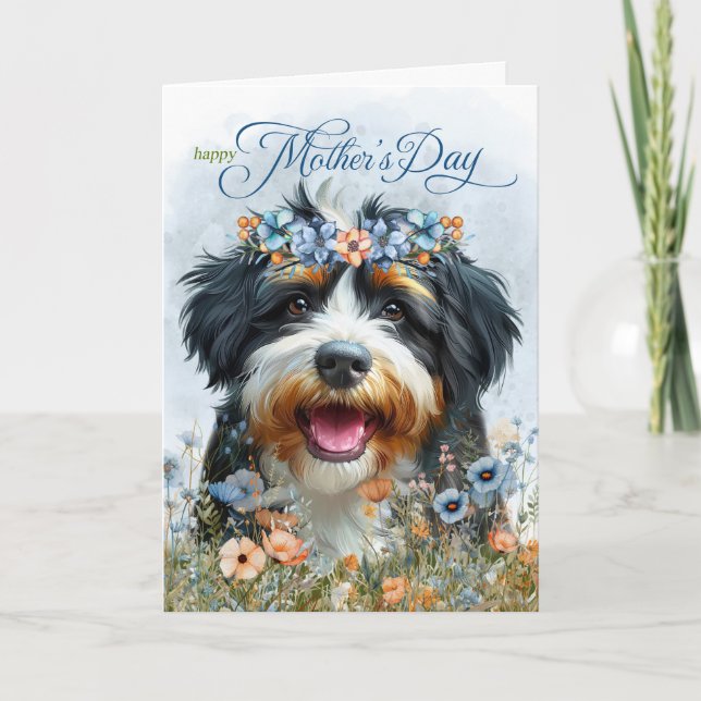 Bernedoodle Hund Wildblomma Mors dag Helgkort (Framsida)