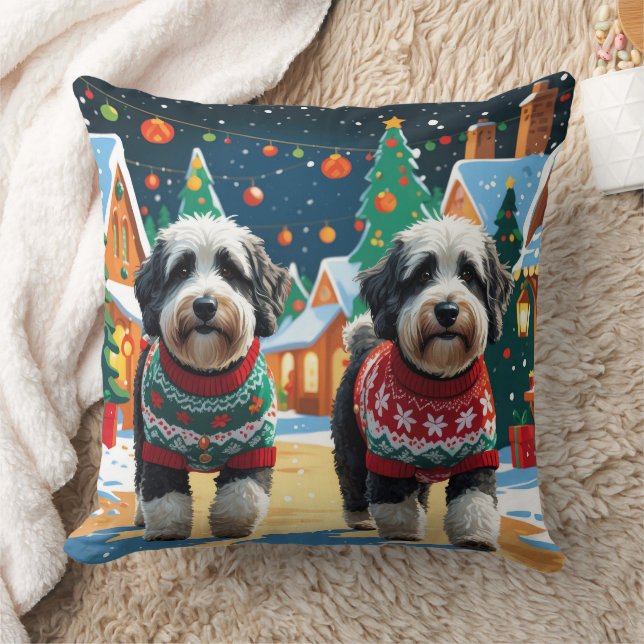 Bernedoodle Hundar Jul Snö Holiday Kudde (Filt)