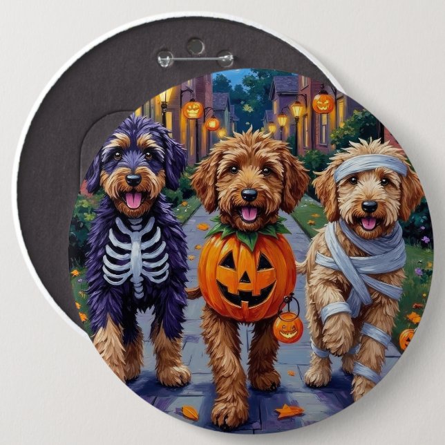 Bernedoodle Hundar Trick- or Treating in Halloween Knapp (Framsida & baksida)