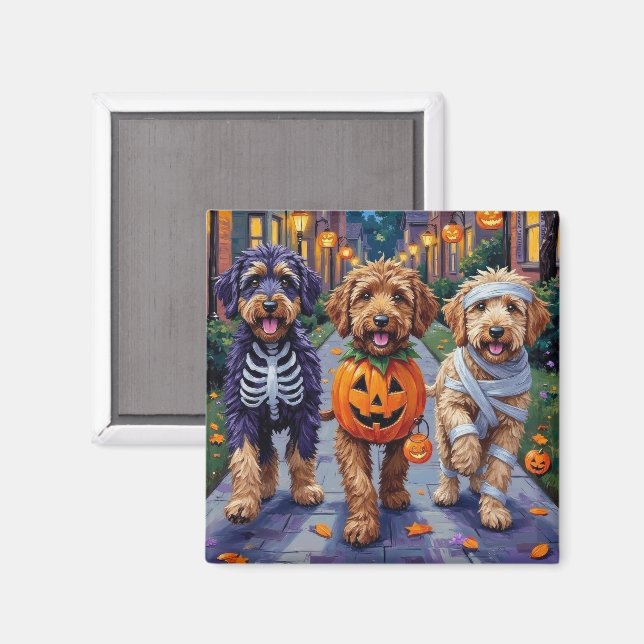 Bernedoodle Hundar Trick- or Treating in Halloween Magnet (Front/Back)