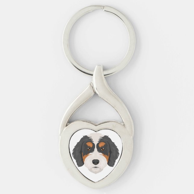 Bernedoodle hundmix twisted heart silverfärgad nyckelring (Framsidan)