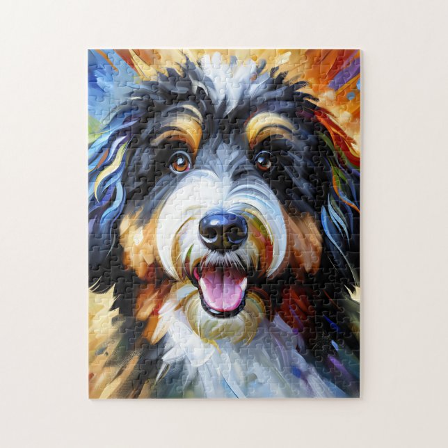 Bernedoodle Hundporträtt Akryl Konsttryck Hund Pussel (Vertikal)