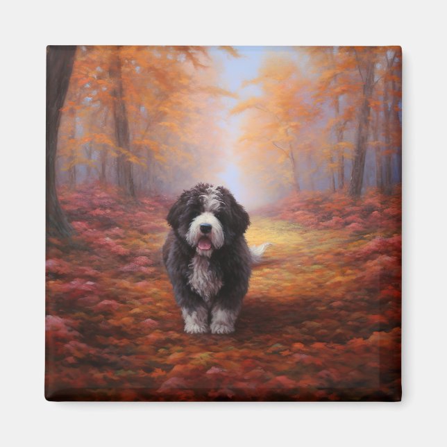 Bernedoodle i Höst löv Fall Inspire Magnet (Framsidan)