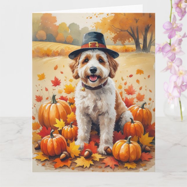 Bernedoodle i höstlöv Thanksgiving-konst Kort (Orkide)