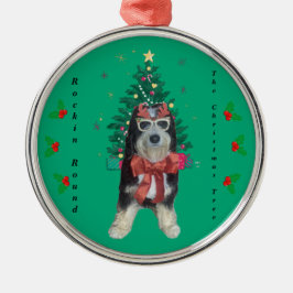 Bernedoodle in Christmas Outfit Rockin Round Tree Julgransprydnad Metall