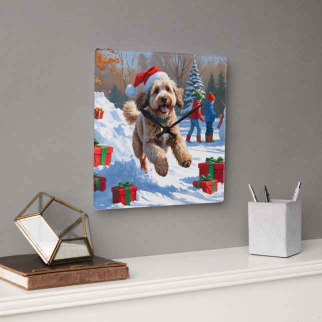 Bernedoodle Jul Festiv Snö Scen Fyrkantig Klocka (Kontor)