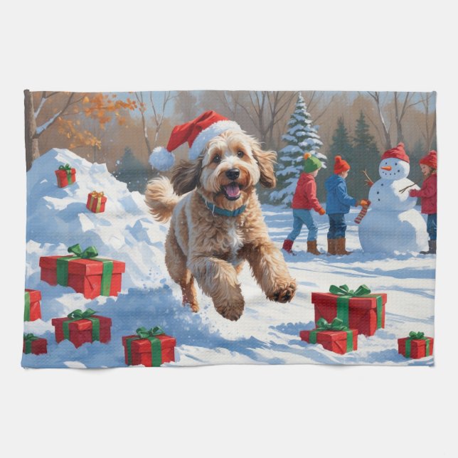 Bernedoodle Jul Festiv Snö Scen Kökshandduk (Horisontell)