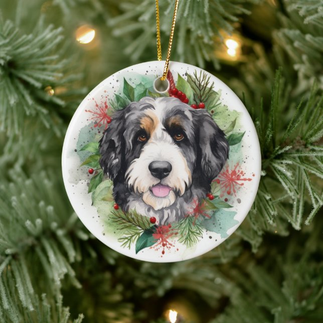 Bernedoodle Jul Utandning Festive Valp Julgransprydnad Keramik (Träd)