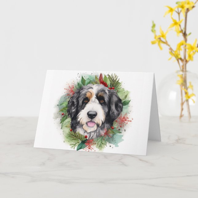 Bernedoodle Jul Utandning Festive Valp Kort (Gul blomma)