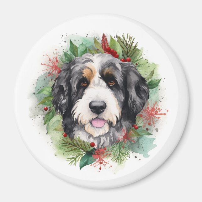 Bernedoodle Jul Utandning Festive Valp Magnet (Framsidan)