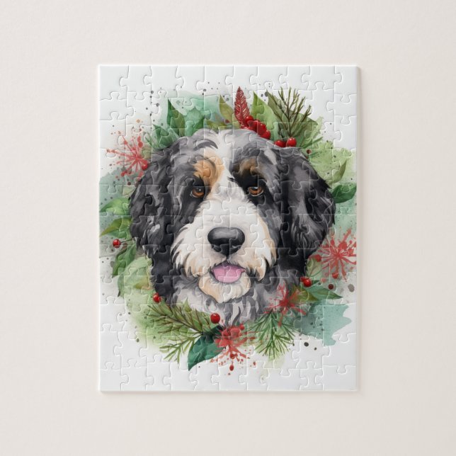 Bernedoodle Jul Utandning Festive Valp Pussel (Vertikal)