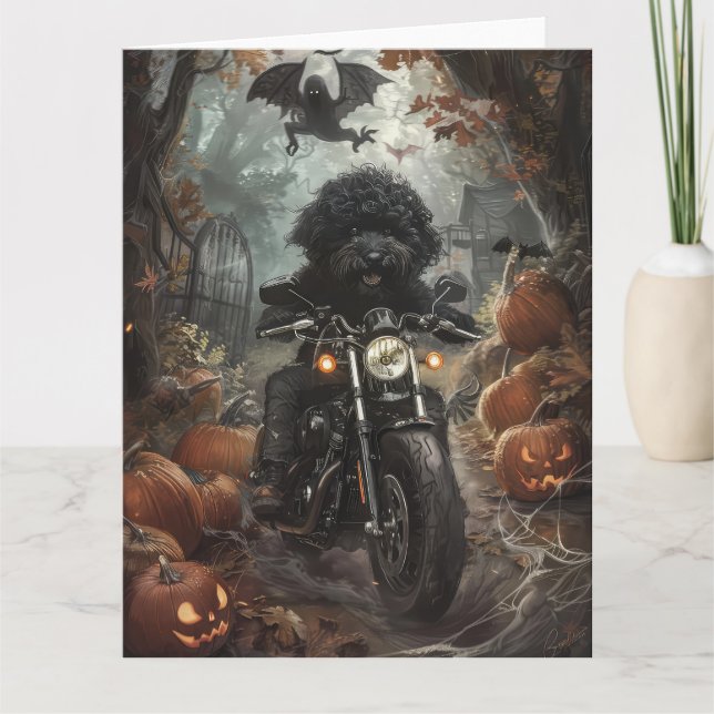Bernedoodle kör motorcykel Halloween läskig Kort (Framsida)