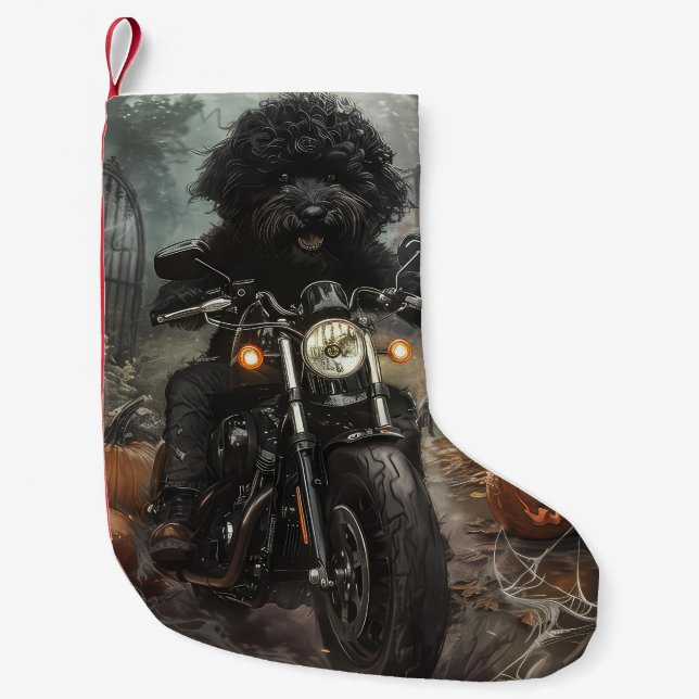 Bernedoodle kör motorcykel Halloween läskig Liten Julstrumpa (Framsidan)