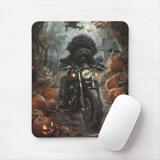 Bernedoodle kör motorcykel Halloween läskig Musmatta (Med mus)