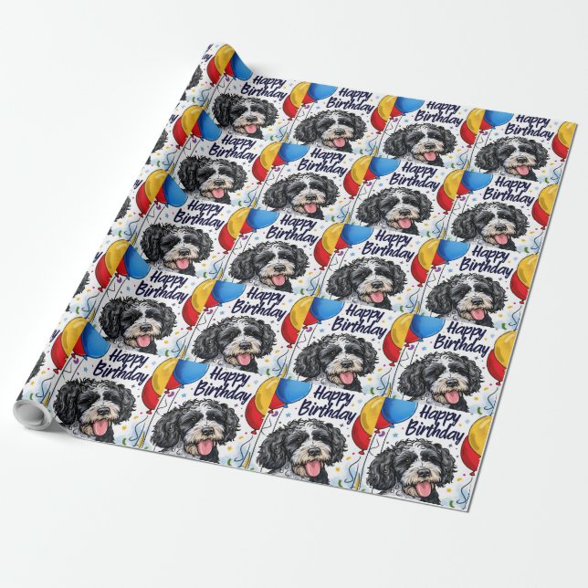 Bernedoodle med ballonger presentpapper (Utrullad)