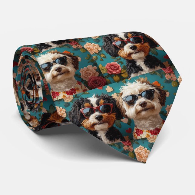 Bernedoodle med hjärtröda rosor Alla hjärtans dag  Slips (Rullad)