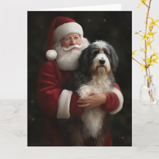 Bernedoodle med Jultomten juljul Kort (Gul blomma)