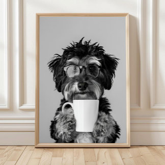 Bernedoodle och kaffe väggkonst, Svart och vit Poster