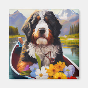 Bernedoodle on a Paddle: A Scenic Adventure Magnet