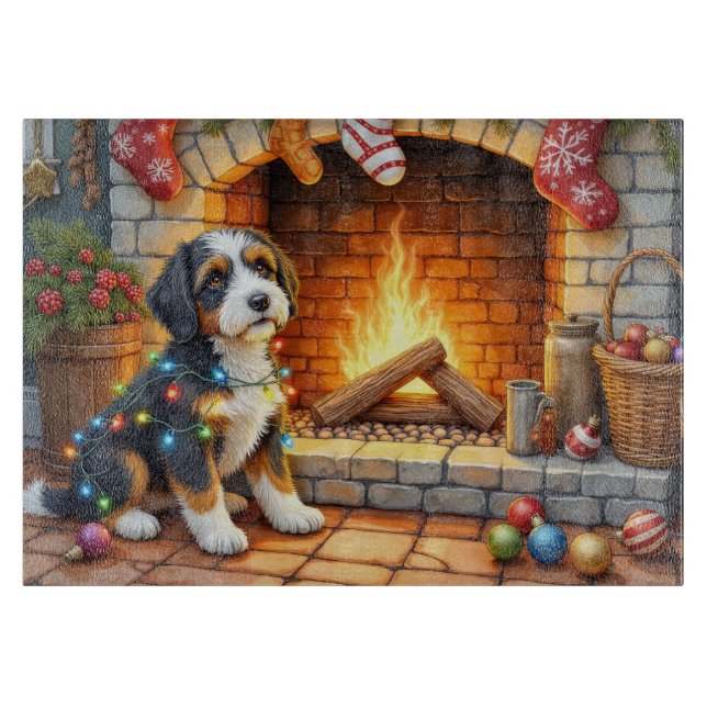 Bernedoodle Öppen Spis med Julbelysning (Framsidan)