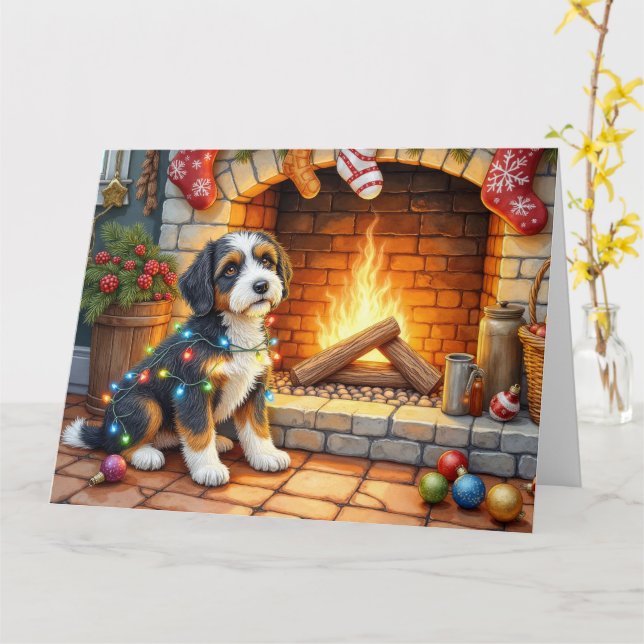 Bernedoodle Öppen Spis med Julbelysning Kort (Gul blomma)