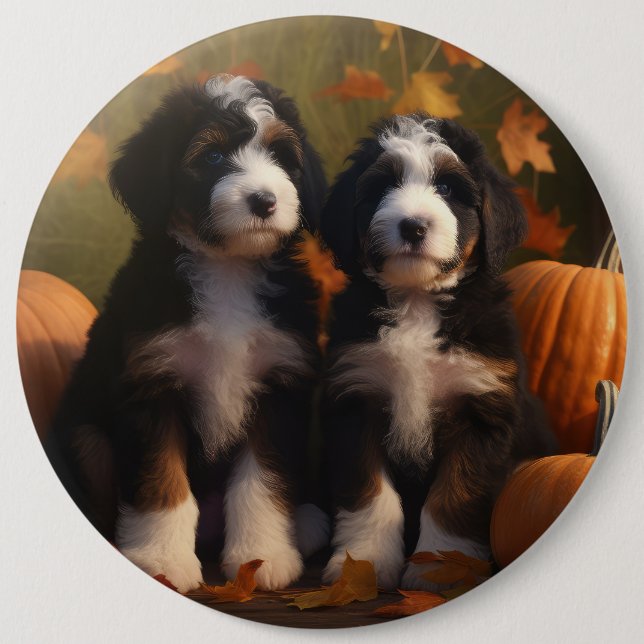 Bernedoodle Puppy Autumn Delight Pumpkin Knapp (Framsida)