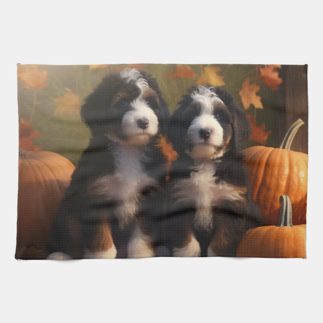 Bernedoodle Puppy Autumn Delight Pumpkin Kökshandduk (Horisontell)