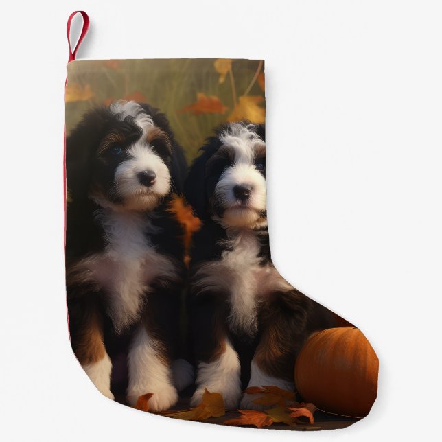 Bernedoodle Puppy Autumn Delight Pumpkin Liten Julstrumpa (Framsidan)